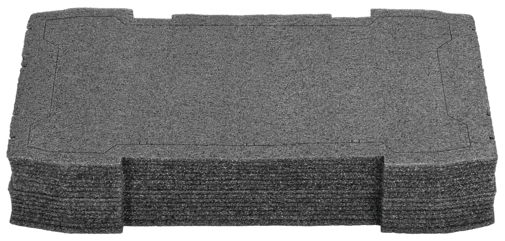 A stack of rectangular black foam inserts, designed for organization and protection inside toolboxes or storage cases.