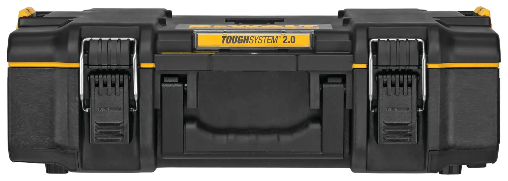 A DEWALT ToughSystem 2.0 tool storage case, black with yellow accents, viewed from the front showing the handle and two metal latches.