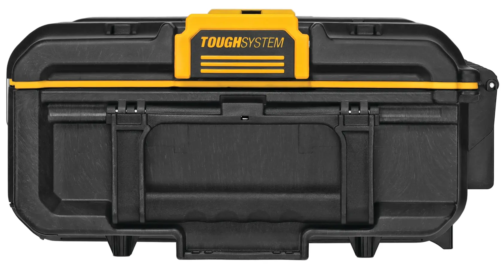 A black DEWALT ToughSystem toolbox with yellow accents, shown from the front.