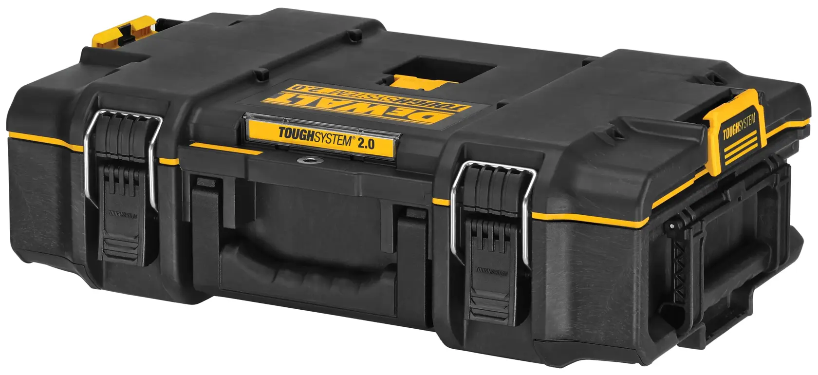 A DEWALT ToughSystem 2.0 tool storage case, black with yellow highlights, featuring durable latches, handles, and reinforced corners for secure and portable storage.