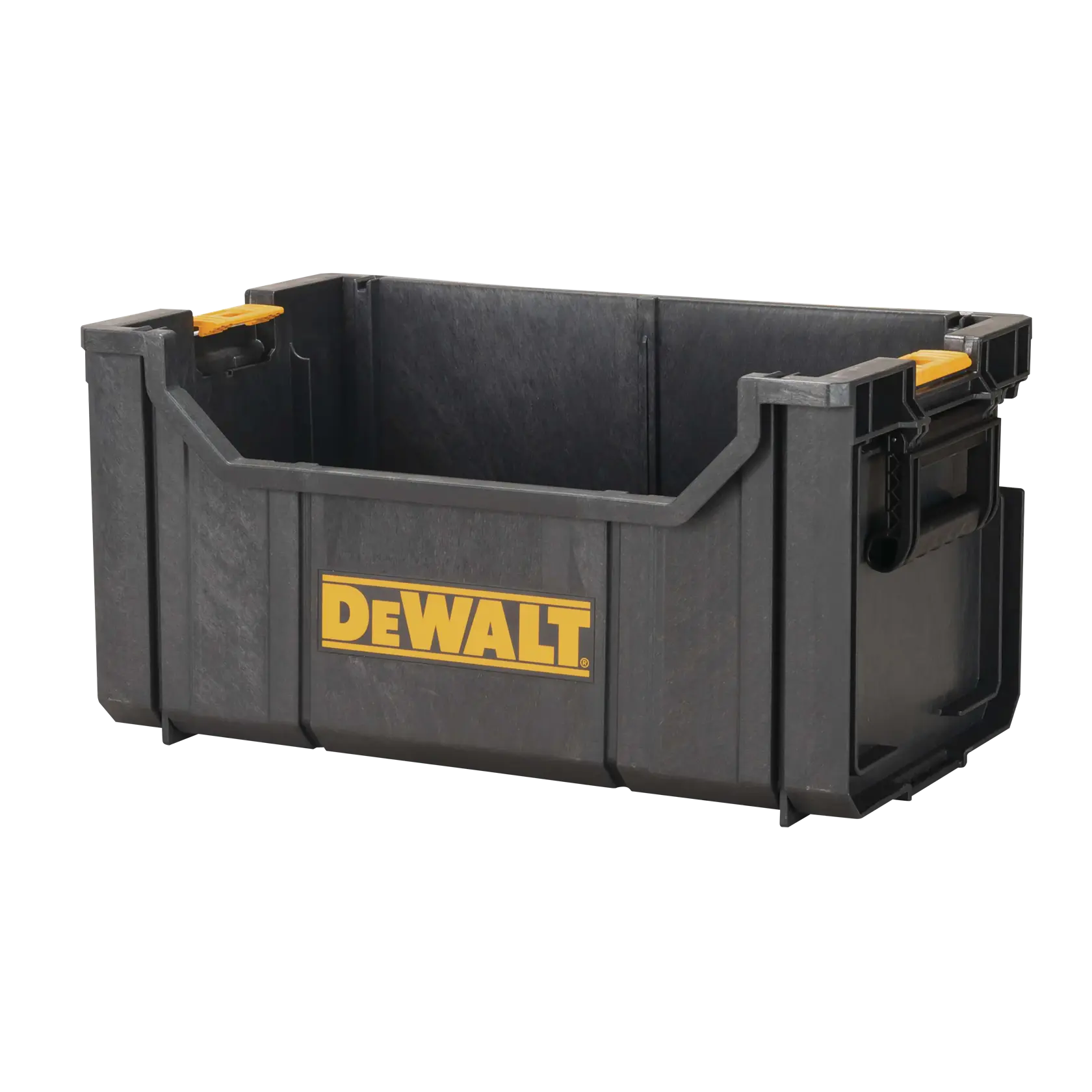 A black DEWALT branded open storage box with yellow accents, designed for organizing tools or hardware.