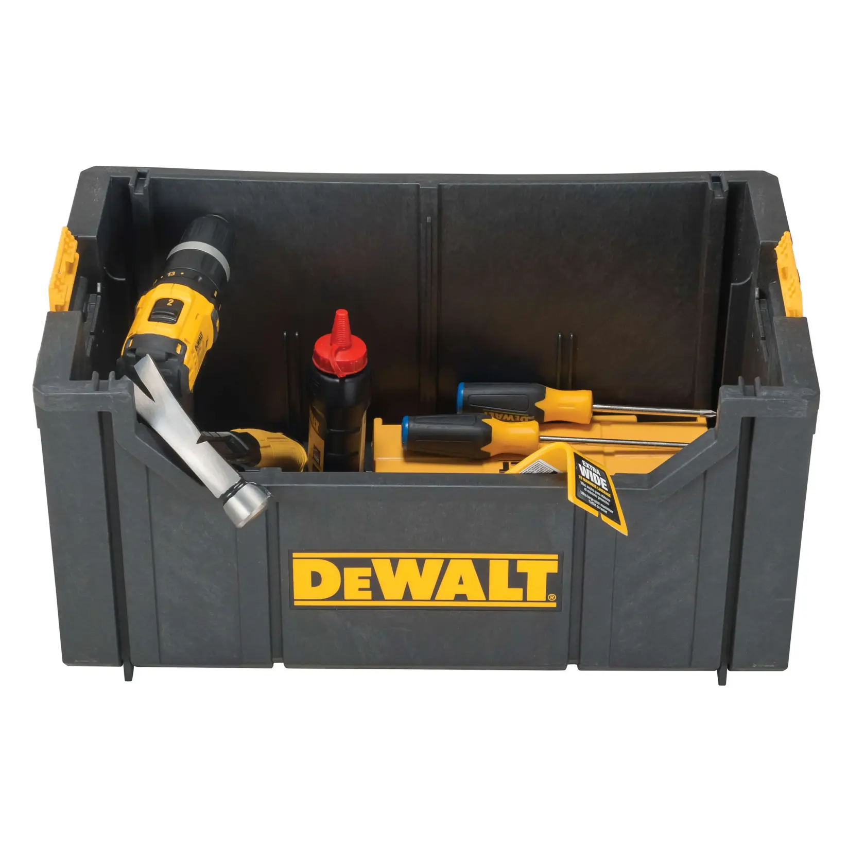 A DEWALT branded black storage box filled with various tools including a drill, hammer, screwdrivers, and a bottle with a red cap.