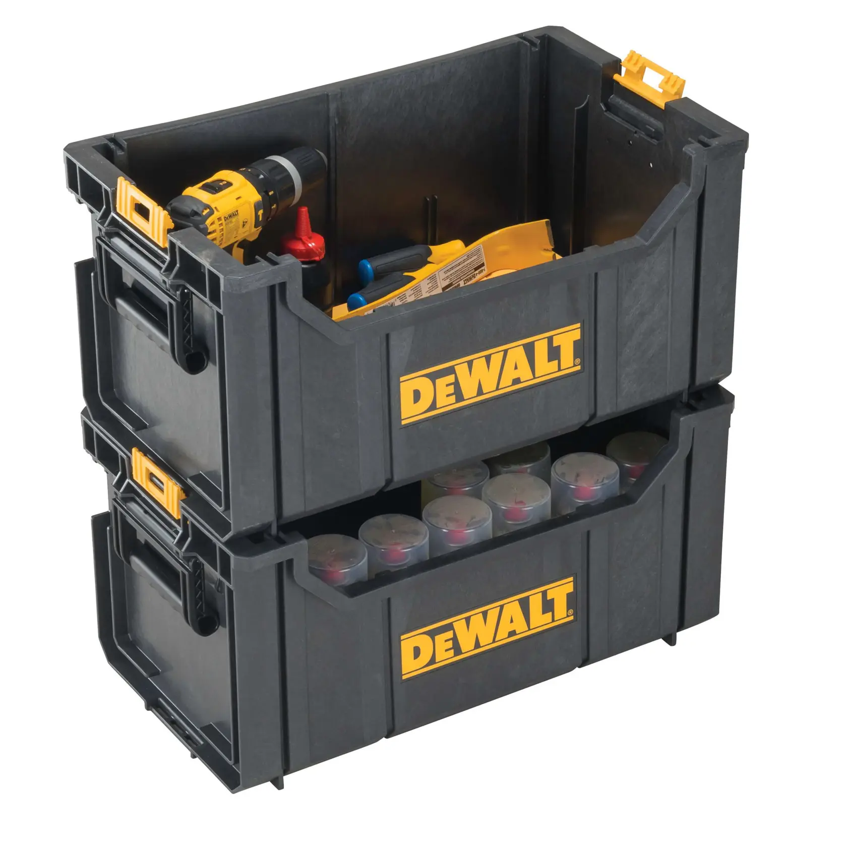 Stacked DEWALT branded black plastic storage bins containing various tools and items such as a yellow drill, screwdrivers, and small containers.