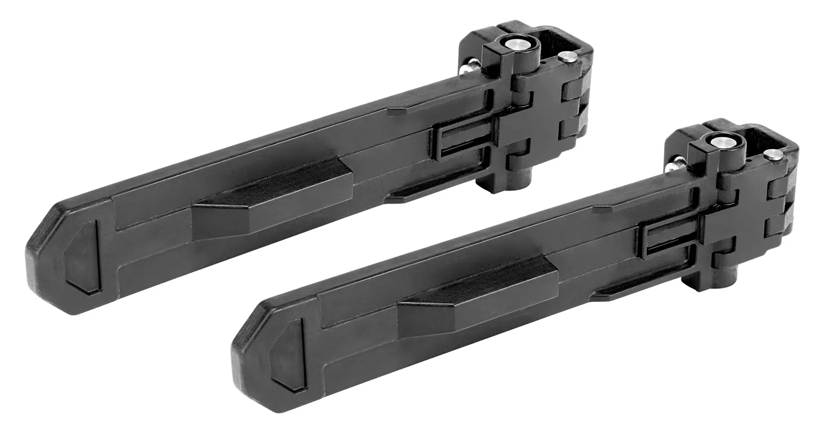 Two black plastic DEWALT folding toolbox dividers for use in organizing tools and accessories.