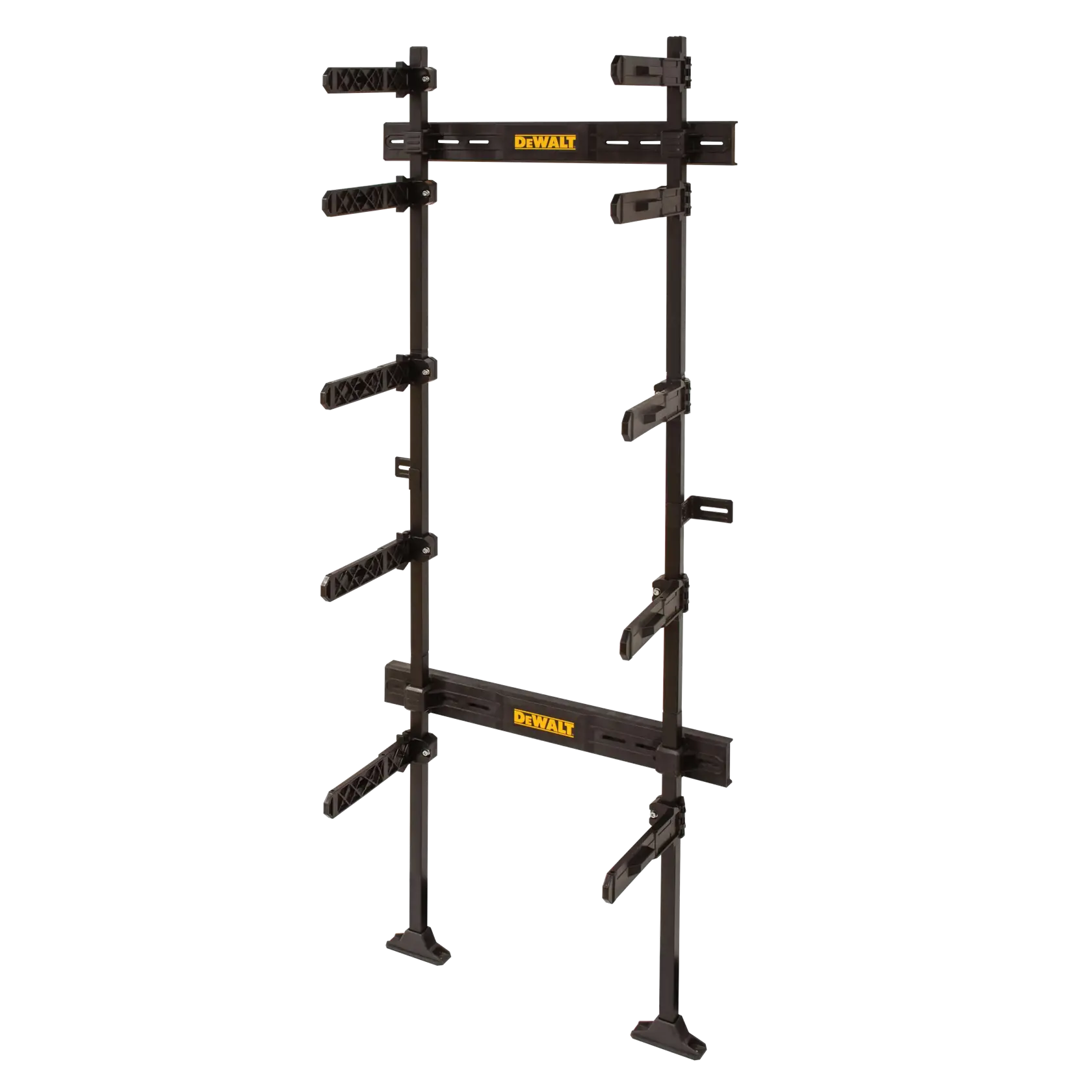 A DEWALT branded wall-mounted rack with multiple adjustable arms, designed for organizing and storing tools or equipment.