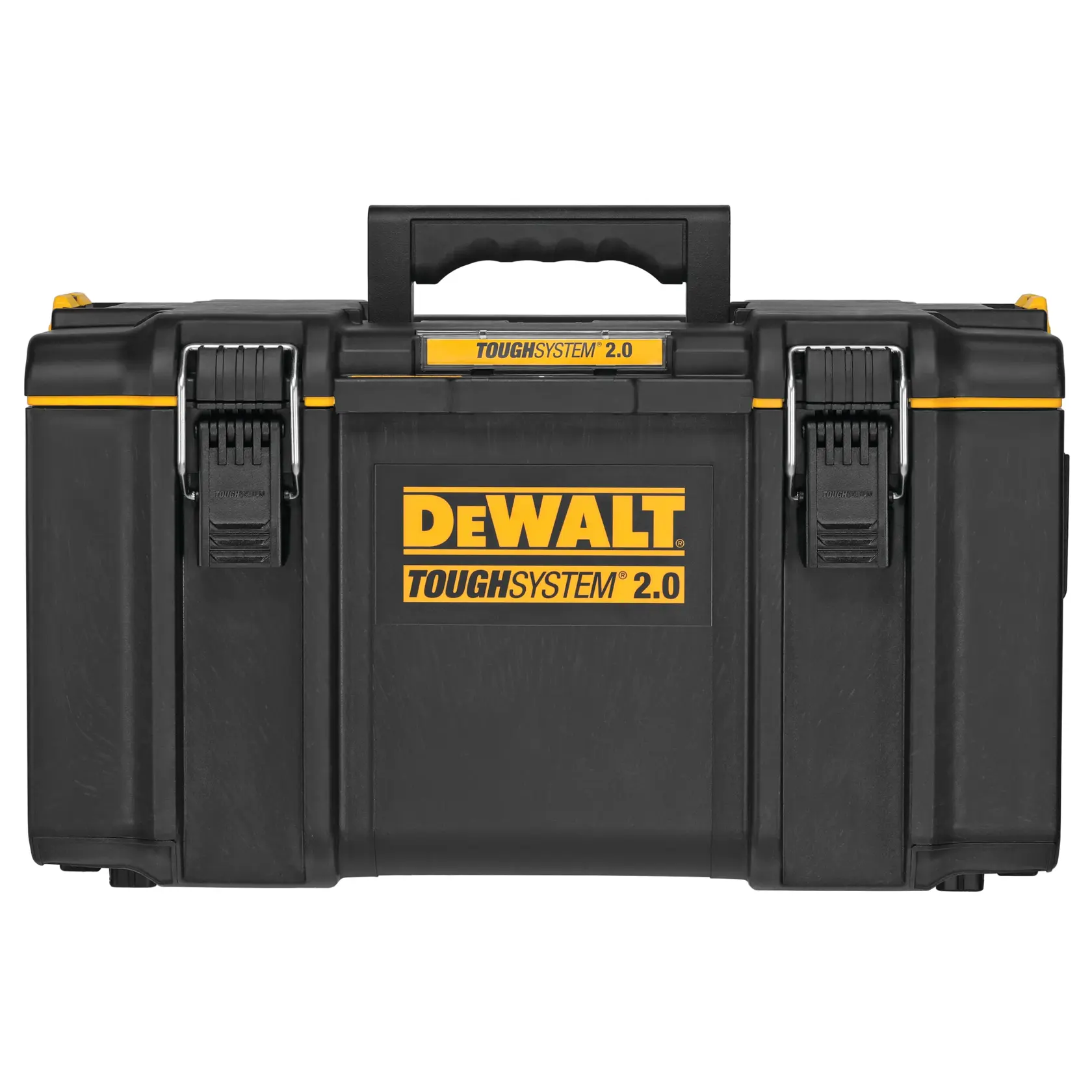 A black DEWALT ToughSystem 2.0 tool storage box with yellow accents, sturdy latches, and a handle on top. The DEWALT logo and ToughSystem 2.0 branding are printed on the front.
