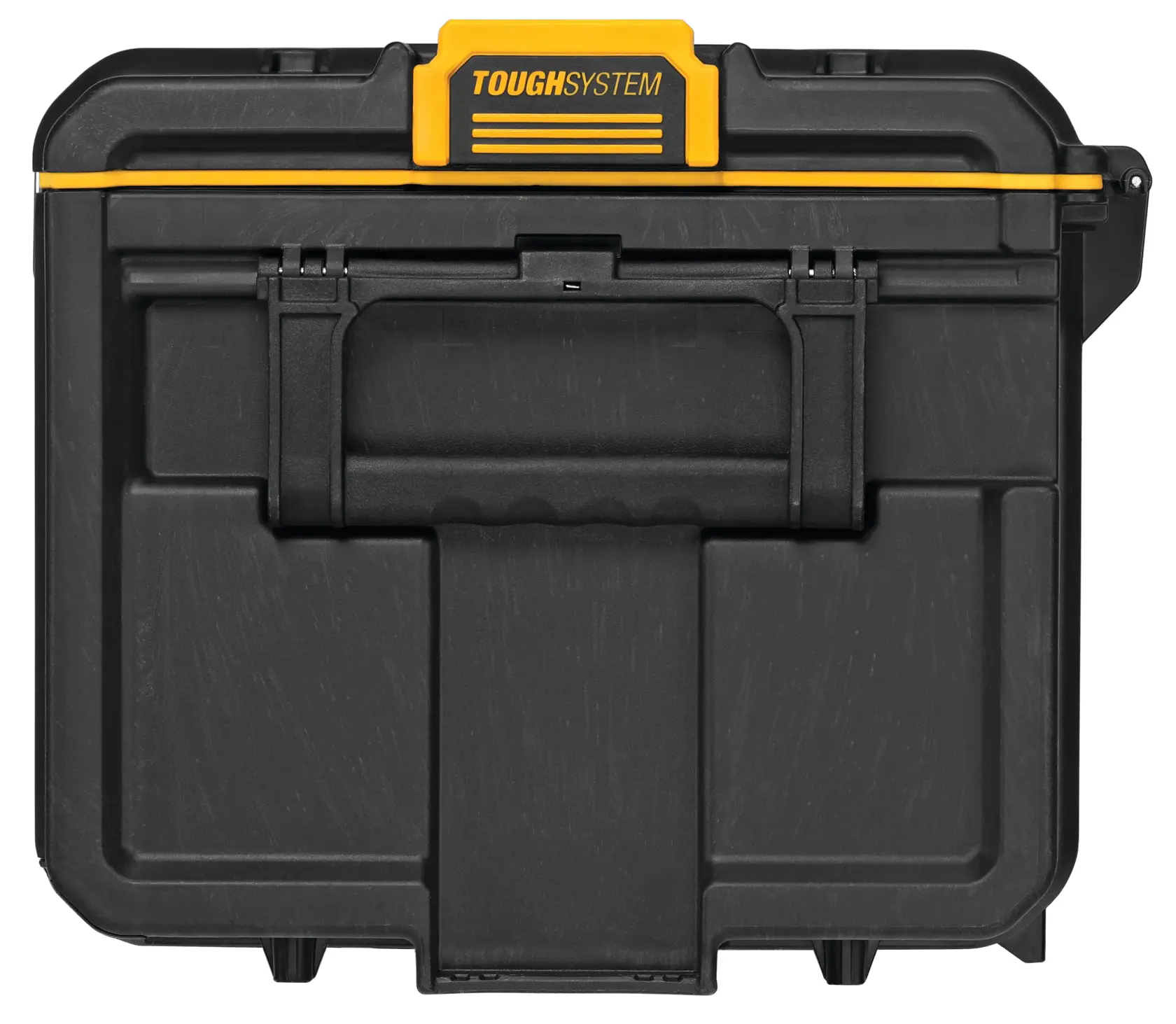 Front view of a black DEWALT ToughSystem tool storage box with a yellow latch and handle.
