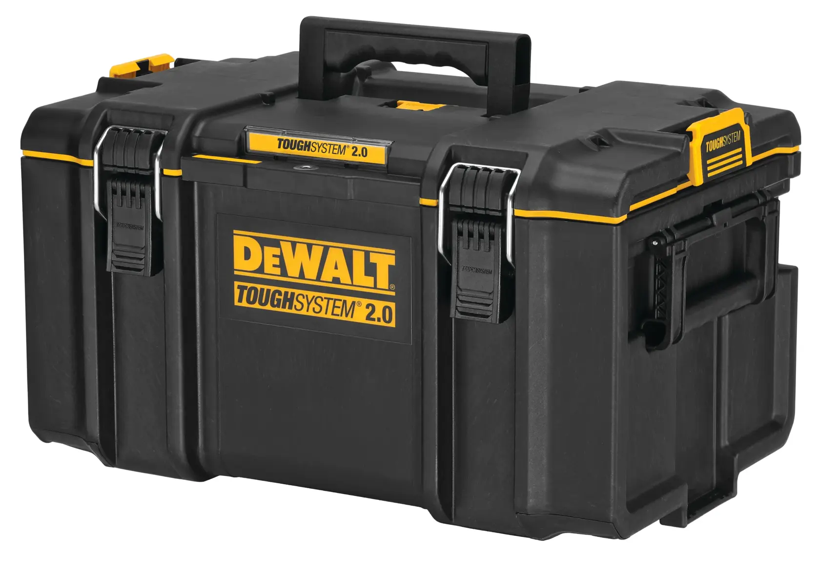 A black and yellow DEWALT ToughSystem 2.0 toolbox with sturdy latches, a top handle, and reinforced corners. The DEWALT logo is prominently displayed on the front.