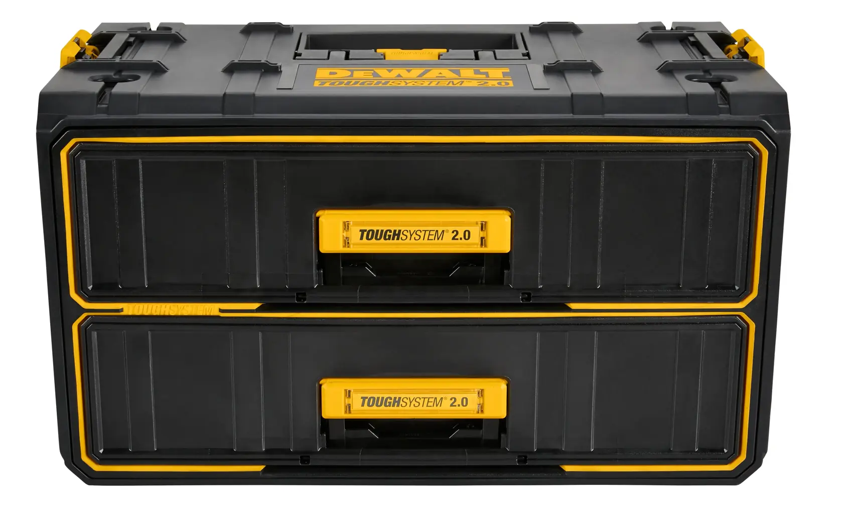 A DEWALT ToughSystem 2.0 storage box with two drawers, made of durable black and yellow plastic, designed for organizing tools and accessories.
