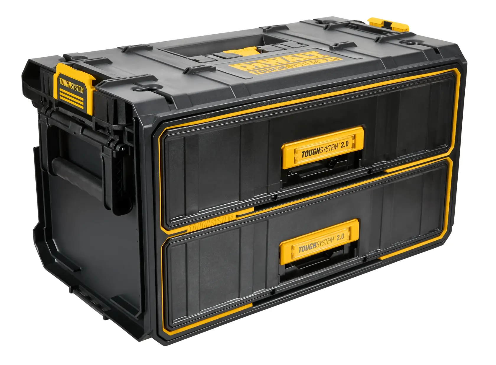 A DEWALT ToughSystem 2.0 black and yellow tool storage box with two pull-out drawers, sturdy handle, and reinforced corners.