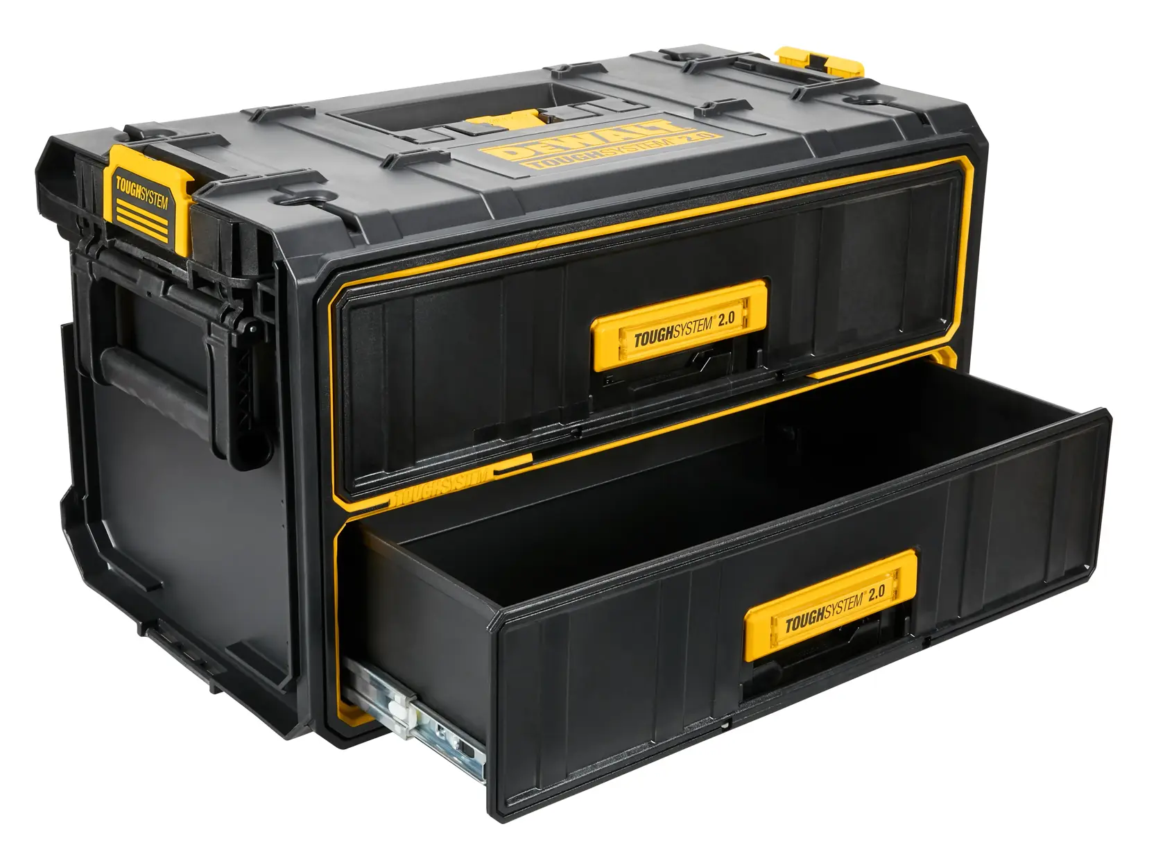 A black and yellow DEWALT ToughSystem 2.0 tool storage box with two pull-out drawers partially opened, designed for organizing tools and accessories.