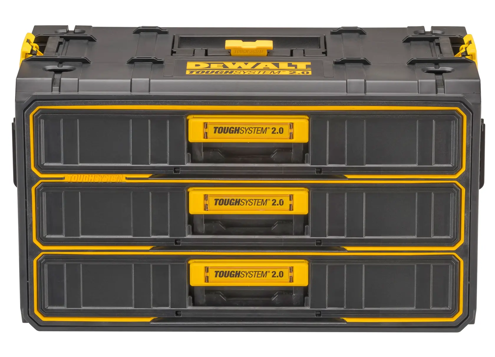 A DEWALT ToughSystem 2.0 storage box with three stacked drawers. The box is gray with yellow accents, designed for organizing and securely storing tools and accessories.