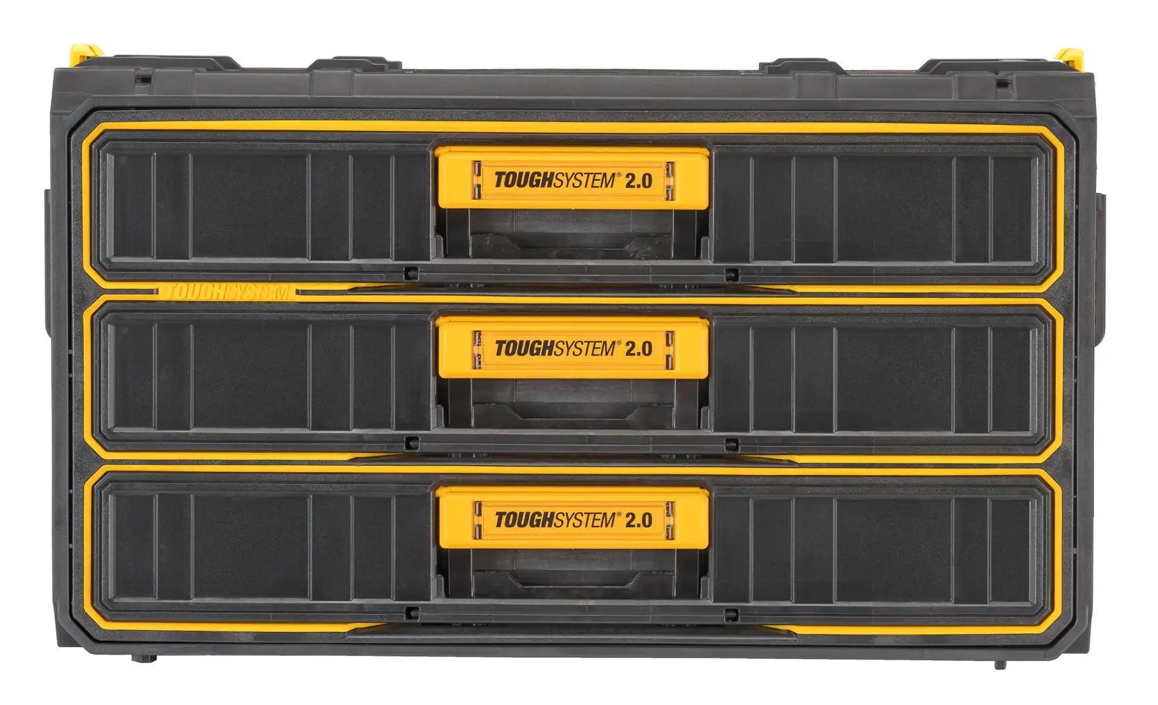 Front view of a DEWALT Toughsystem 2.0 tool storage box with three drawers, featuring black and yellow color design.