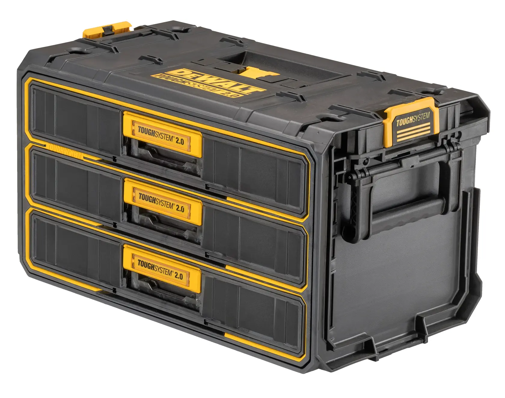 A DEWALT ToughSystem 2.0 tool storage box with three drawers, constructed in durable black plastic with yellow accents and handles, designed for organized storage and transport of tools.