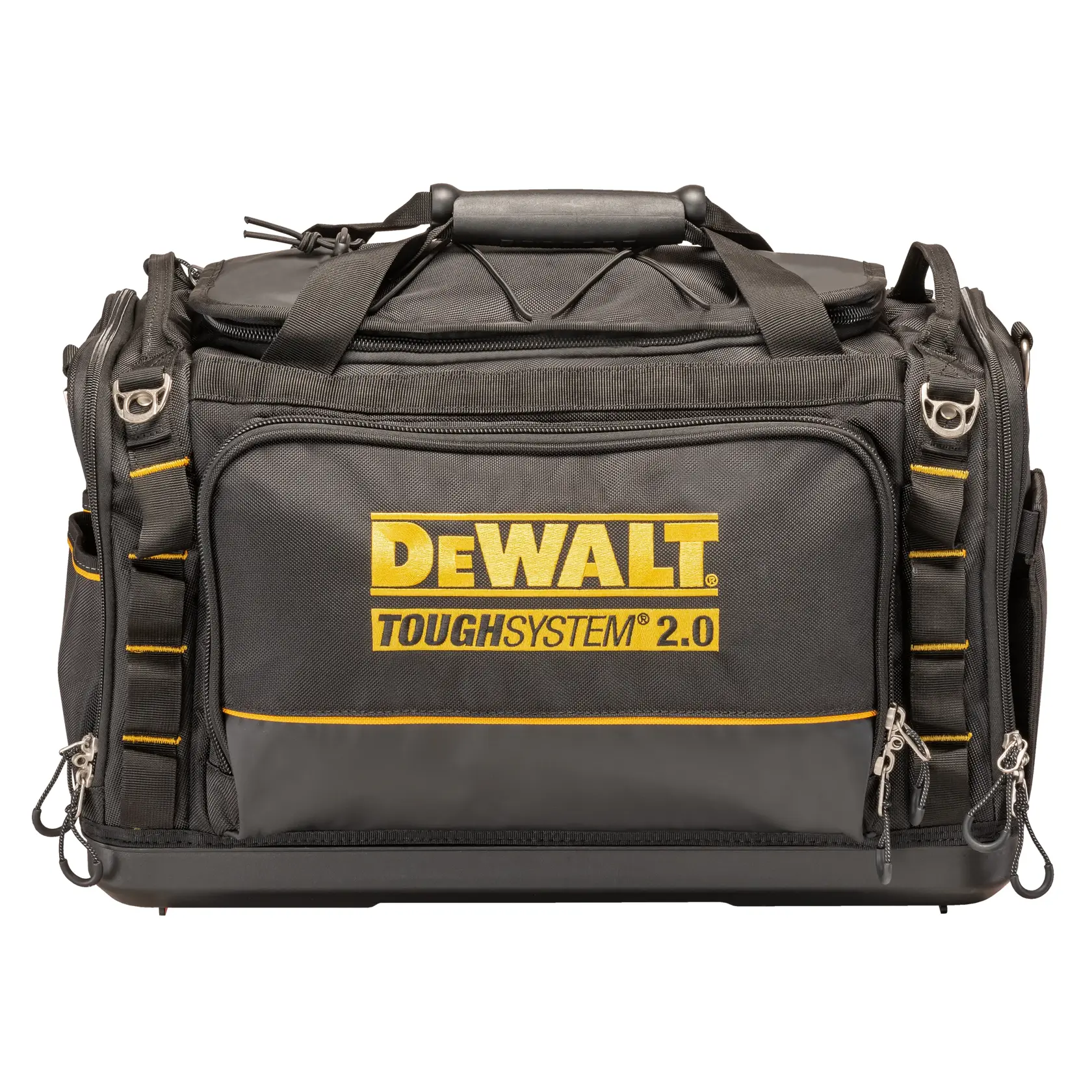 A black DEWALT ToughSystem 2.0 tool bag with yellow detailing and multiple compartments, zippers, and straps, shown from the front.