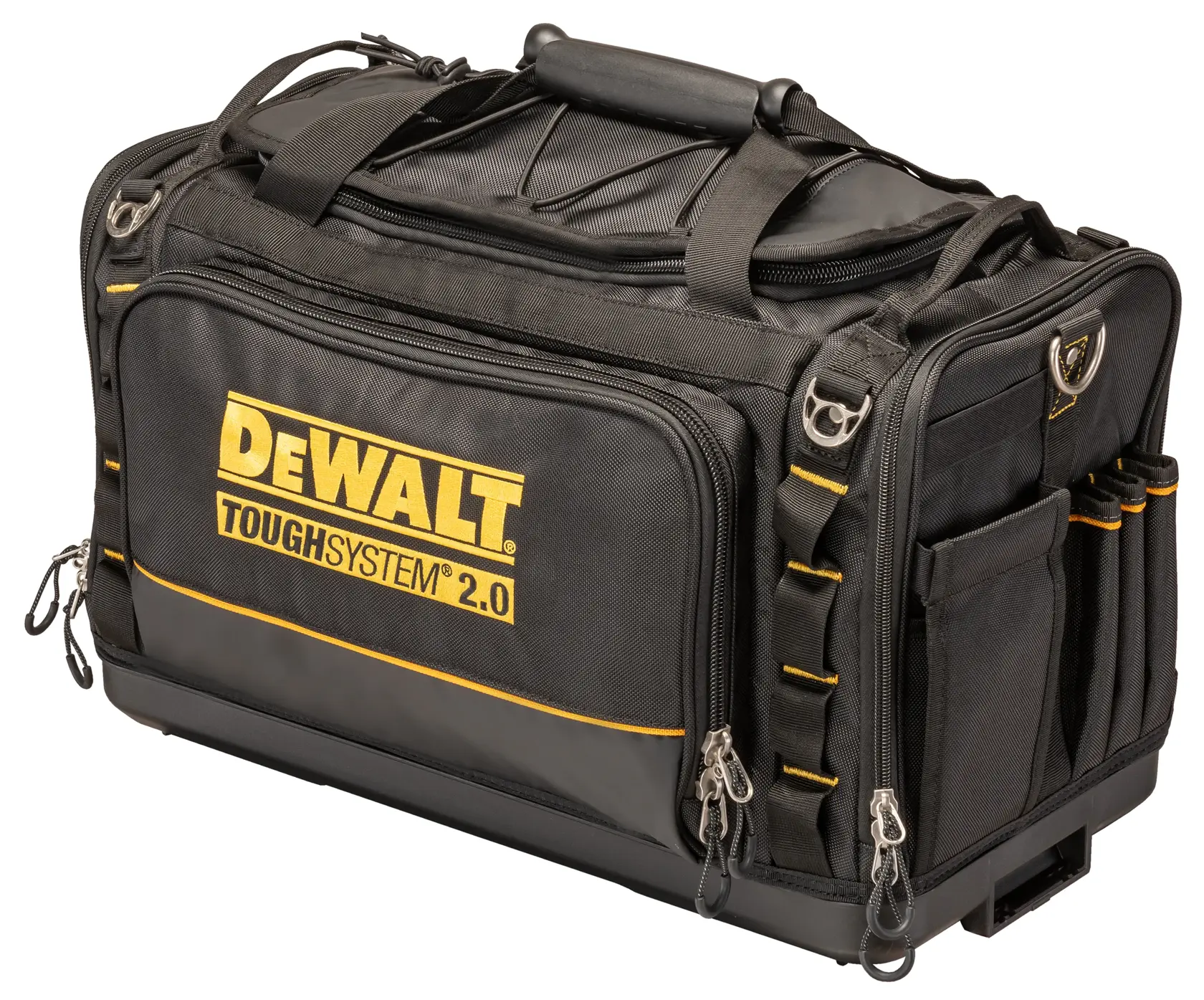 A black and yellow DEWALT ToughSystem 2.0 tool bag with multiple compartments, zippered pockets, and side slots for organizing tools. The bag features sturdy handles and reinforced edges.
