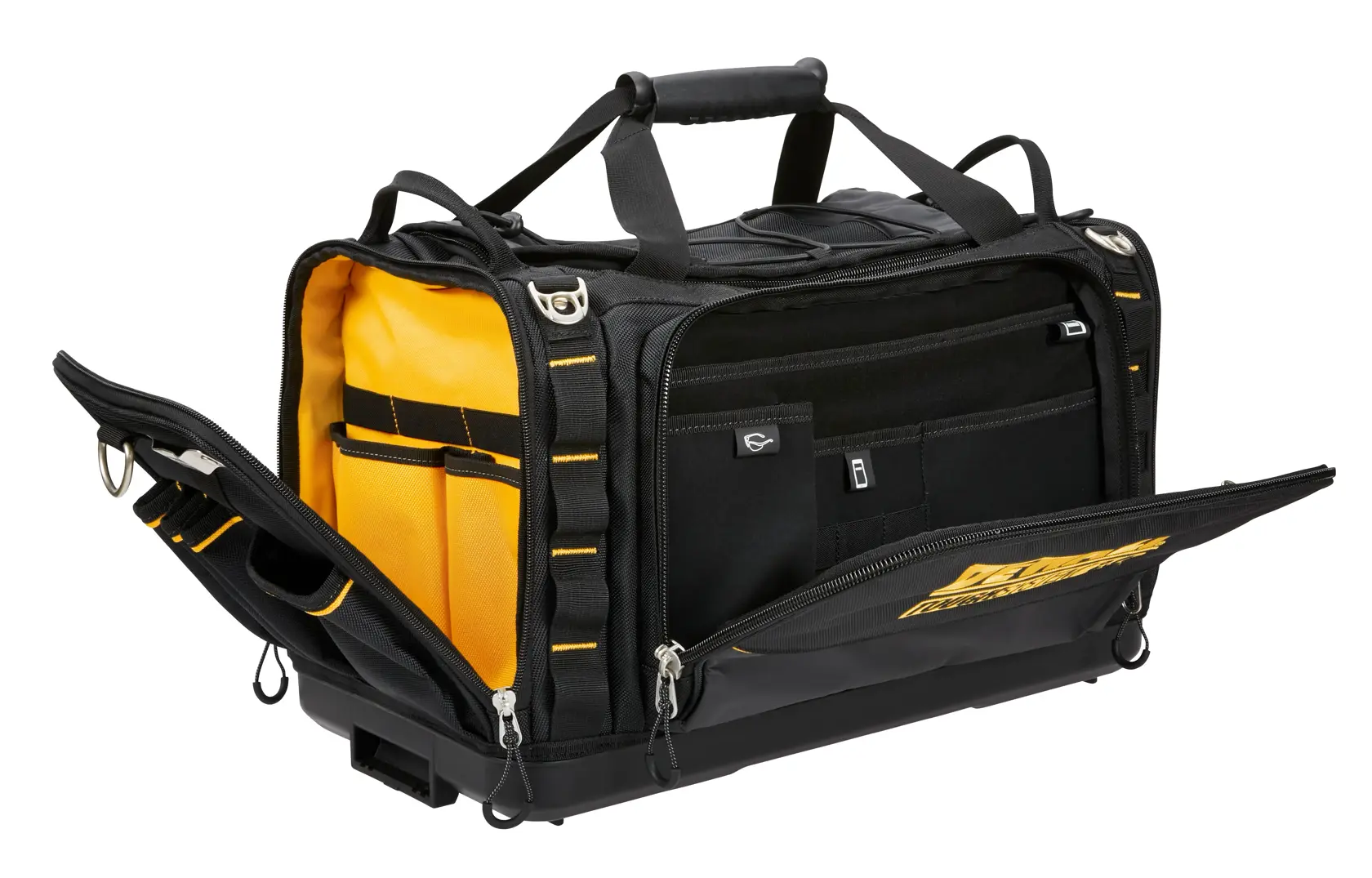 A DEWALT tool bag with multiple compartments and pockets, featuring a black and yellow design and zippered openings. The bag is shown open, displaying its organized storage sections and reinforced handles.
