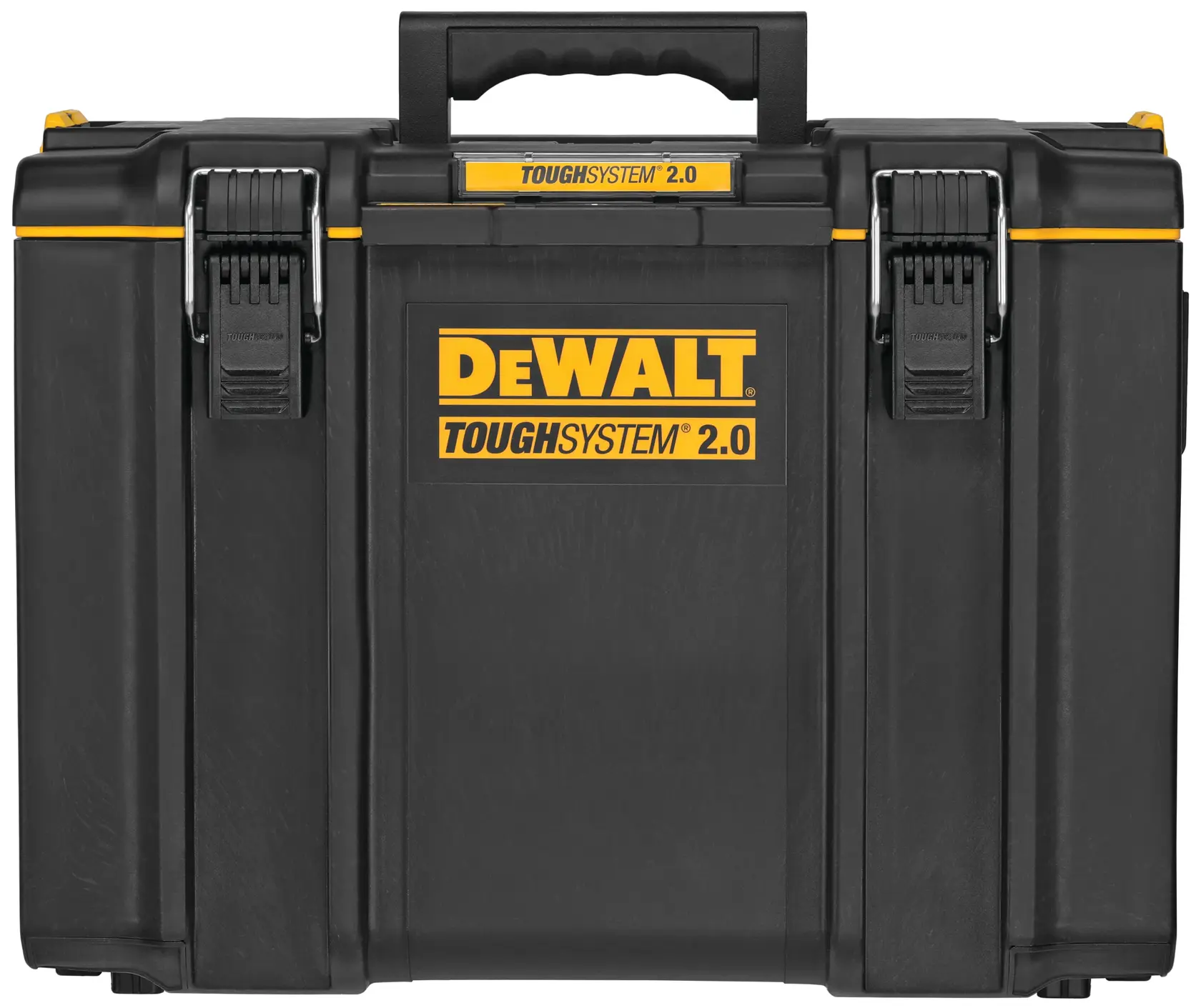 Front view of a DEWALT ToughSystem 2.0 tool storage box, black with yellow accents and a handle on top.