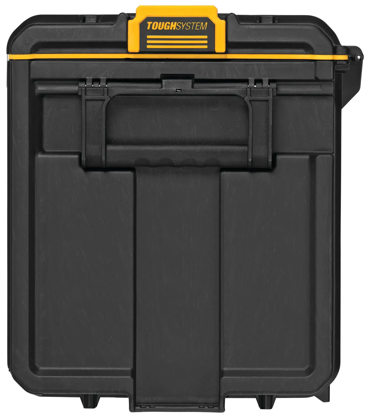 Front view of a DEWALT TOUGHSYSTEM black toolbox with a yellow accent and a robust handle, designed for heavy-duty tool storage.