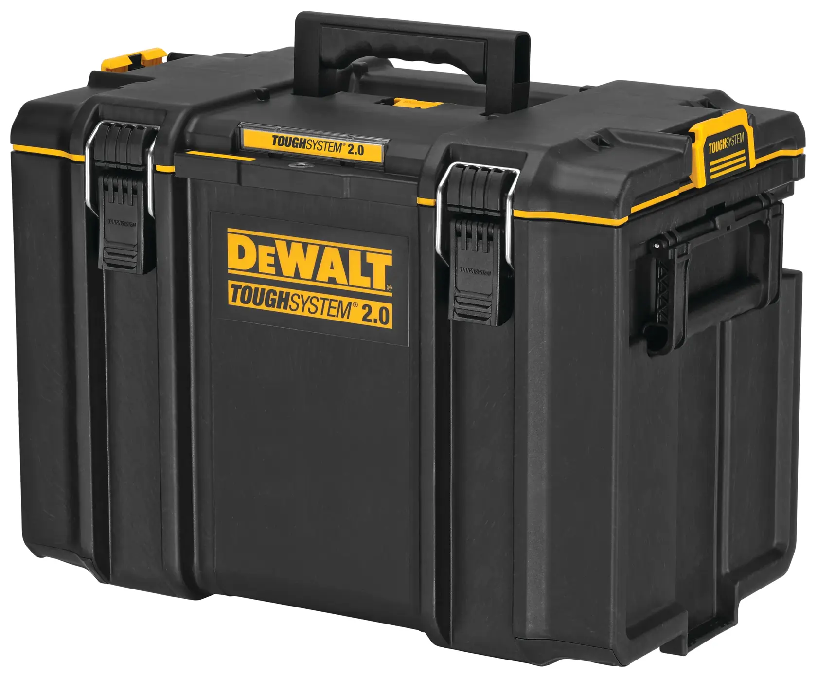 A black and yellow DEWALT ToughSystem 2.0 portable tool storage box with a sturdy handle and secure latches.