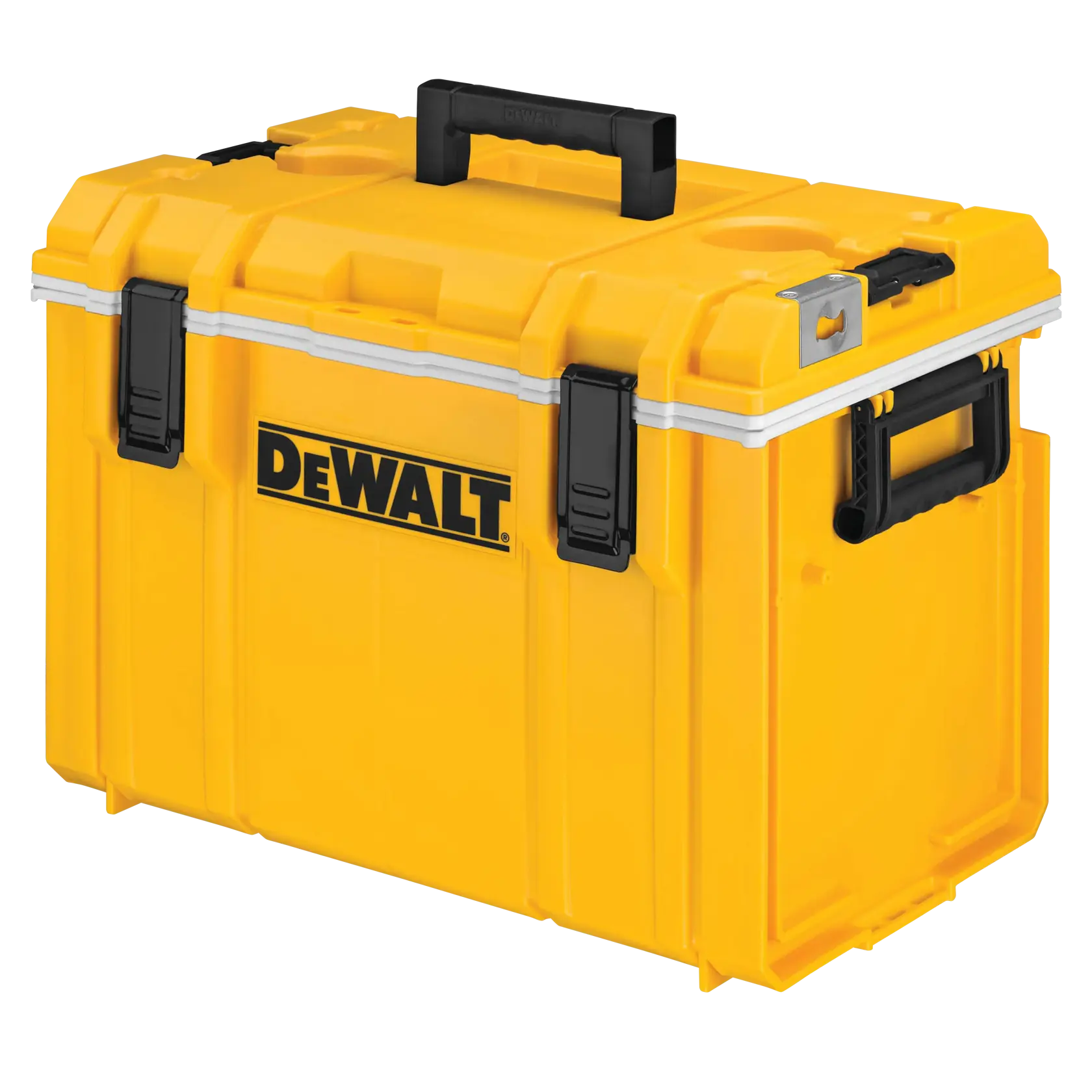 A yellow DEWALT portable toolbox with black locks and handles, shown on a white background.