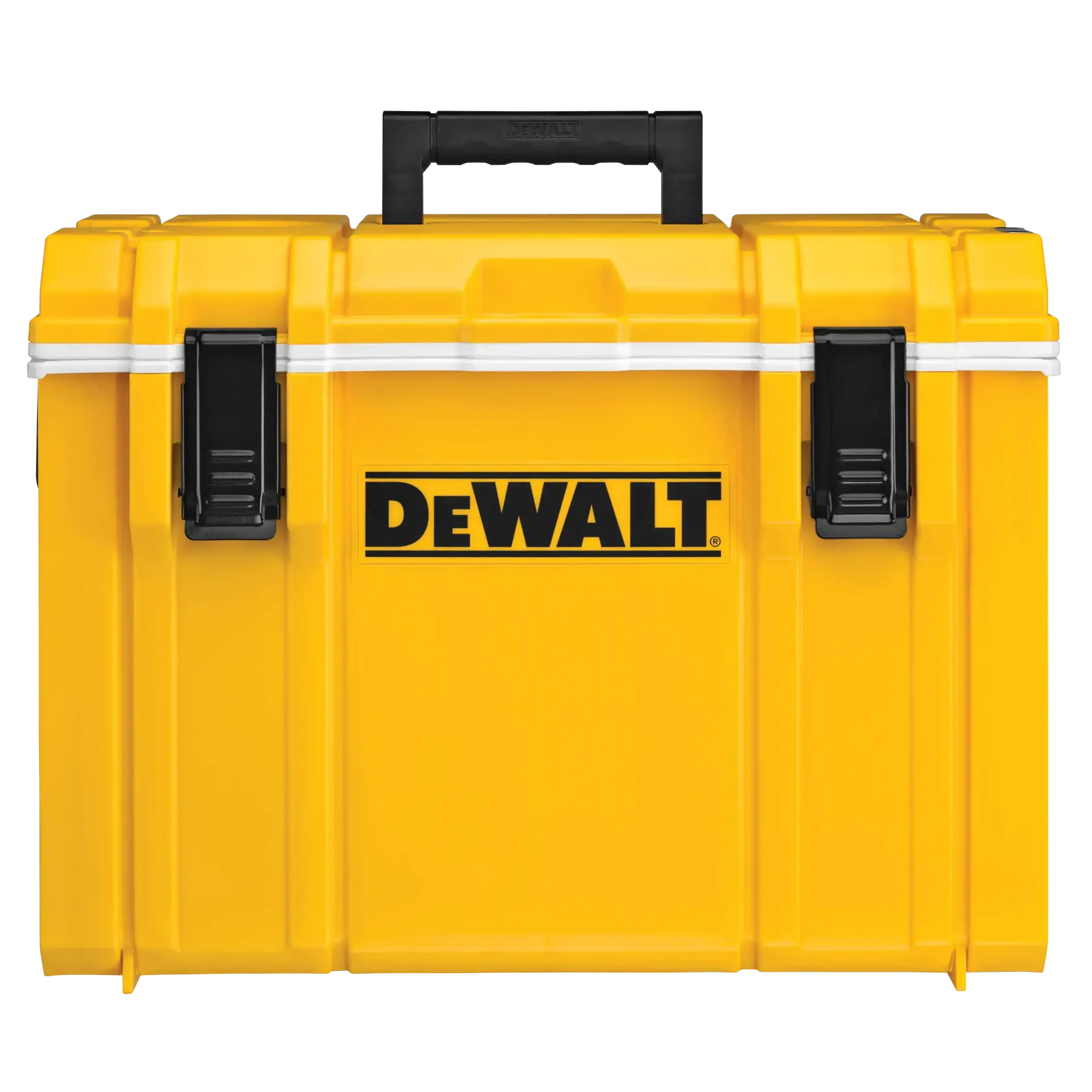 A yellow DEWALT tool box with a black handle and two black latches on the front.