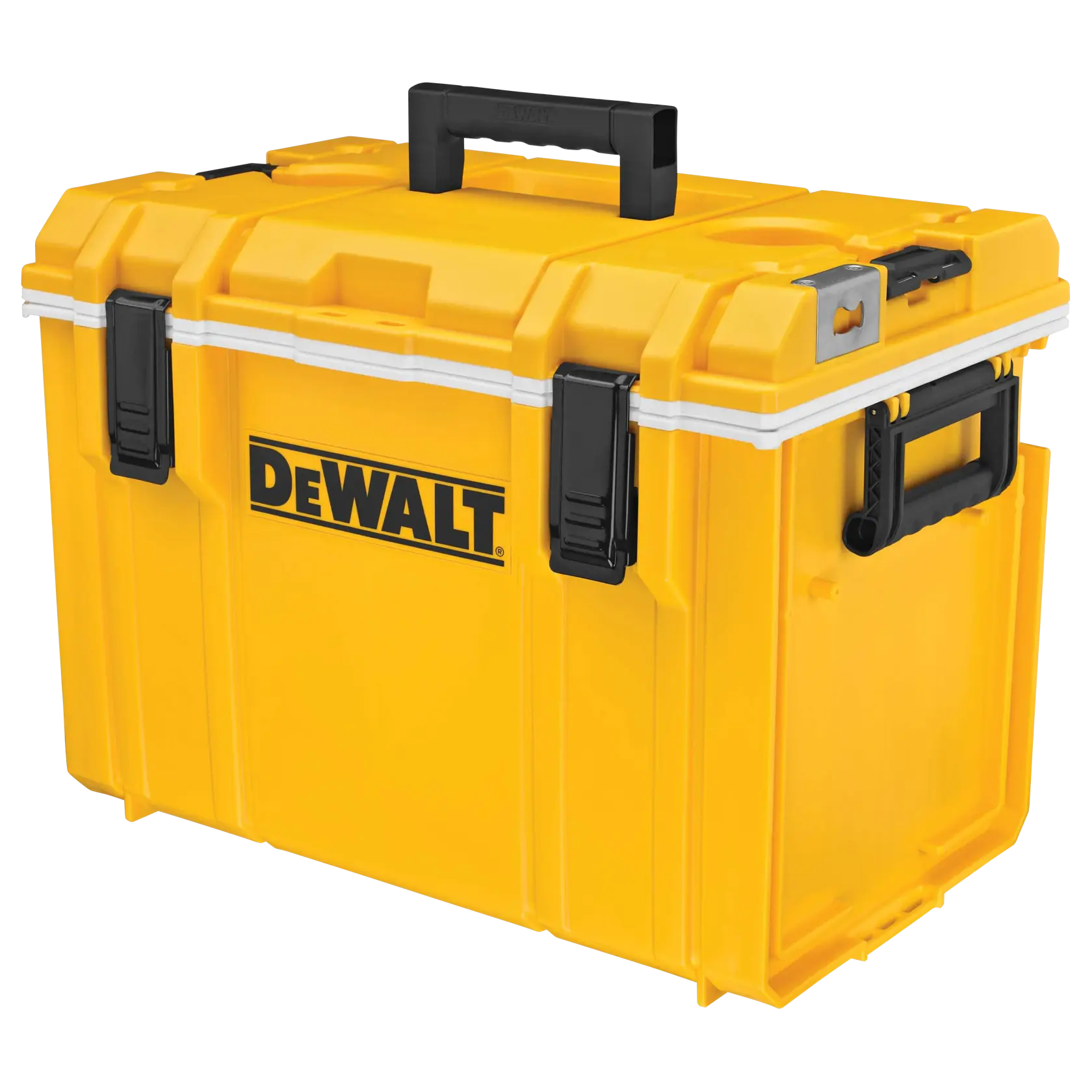 Yellow DEWALT tool storage box with black handles and latches, featuring the DEWALT logo on the front.