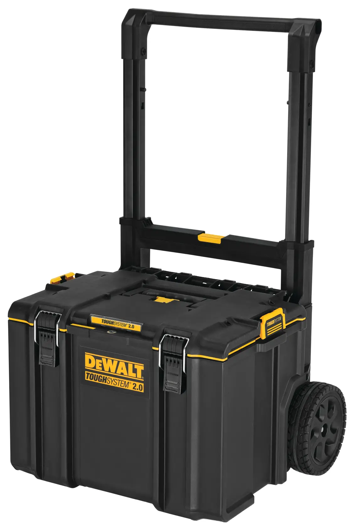A black DEWALT ToughSystem 2.0 rolling toolbox with wheels and an extended handle, designed for durable tool storage and easy transportation.