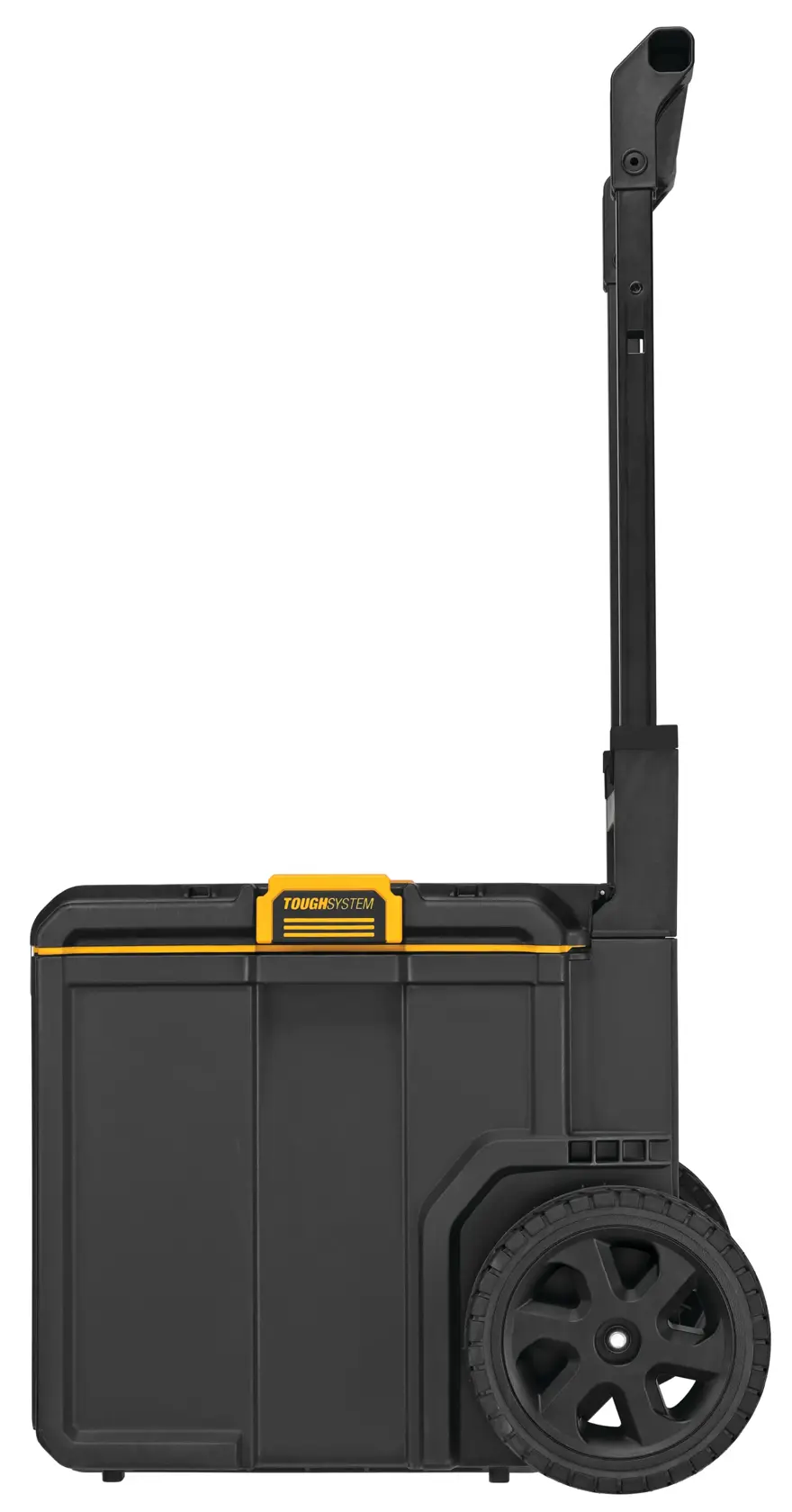 A black DEWALT rolling tool box with a yellow accent, featuring large wheels and an extended handle for easy transport.