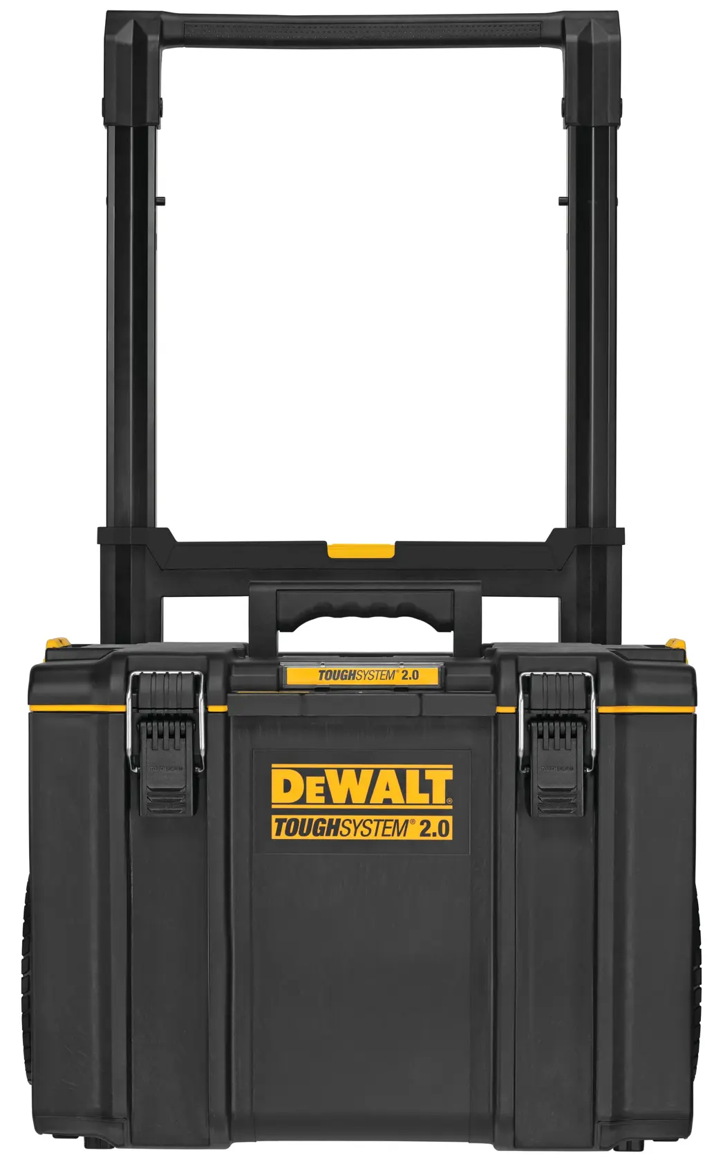 Front view of a black DEWALT ToughSystem 2.0 rolling tool box with a telescoping handle, sturdy latches, and wheels for easy transport.