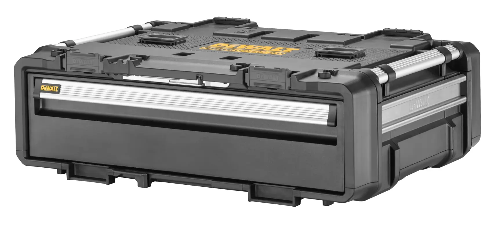 A black DEWALT storage box with metallic accents, featuring a sturdy design and a front drawer for organizing tools and accessories.