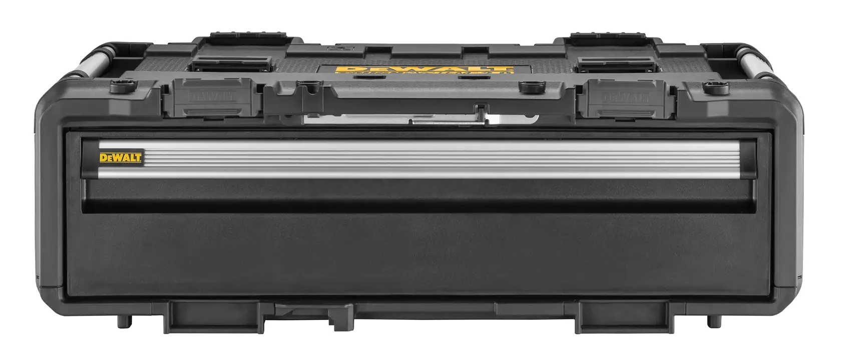 Front view of a black DEWALT tool storage box with a metal reinforced front and a yellow logo, designed for durable storage and easy transport.