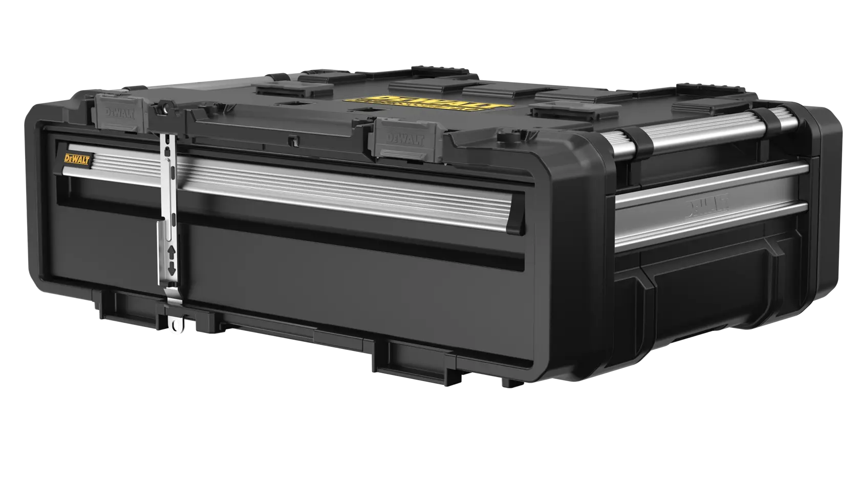 A black and silver rugged DEWALT toolbox with reinforced corners and a latch mechanism, shown on a white background.