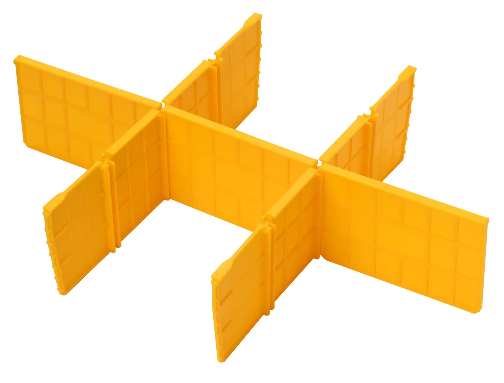 Yellow plastic divider insert with intersecting panels, designed for organizing compartments in a toolbox or storage box.