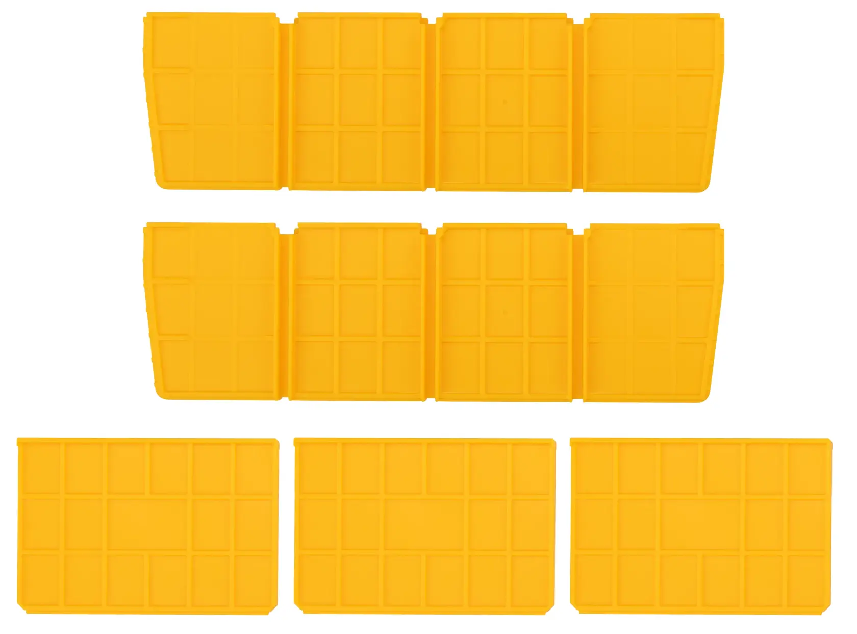 Set of eight yellow plastic divider panels arranged in three rows, designed for organizing storage inside a tool box.