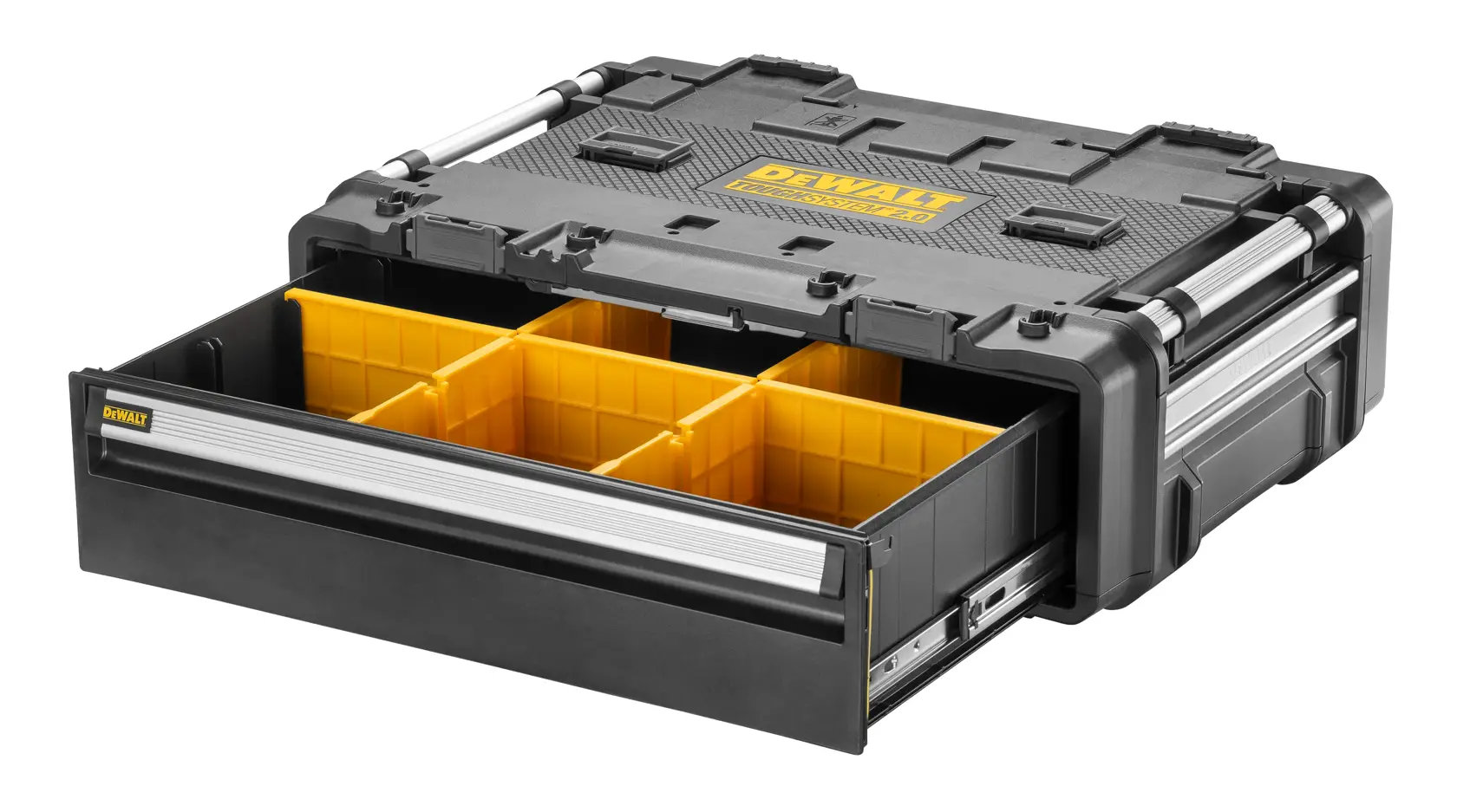 A DEWALT branded black tool storage box with a pull-out drawer containing several yellow compartment organizers.