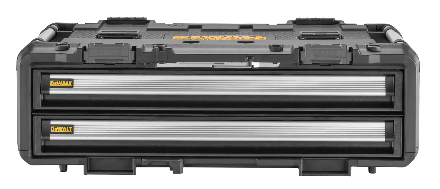 Front view of a DEWALT DWST08520 tool storage case with two drawers, featuring a durable black and silver design and the DEWALT logo on each drawer.