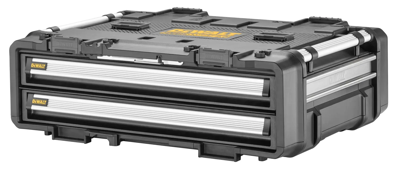 A DEWALT branded black and silver storage case with two front drawers, designed for organizing tools and accessories.