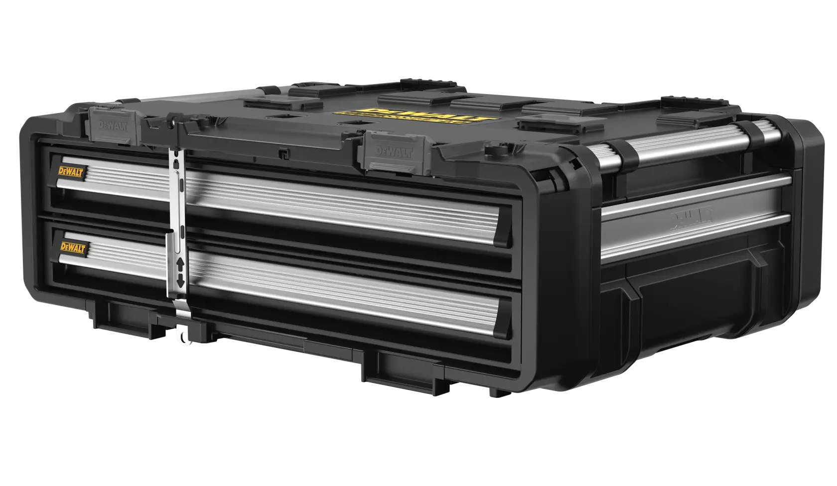 A DEWALT branded black and silver tool storage box with two front drawers, sturdy latches, and reinforced corners designed for durable organization and transport.