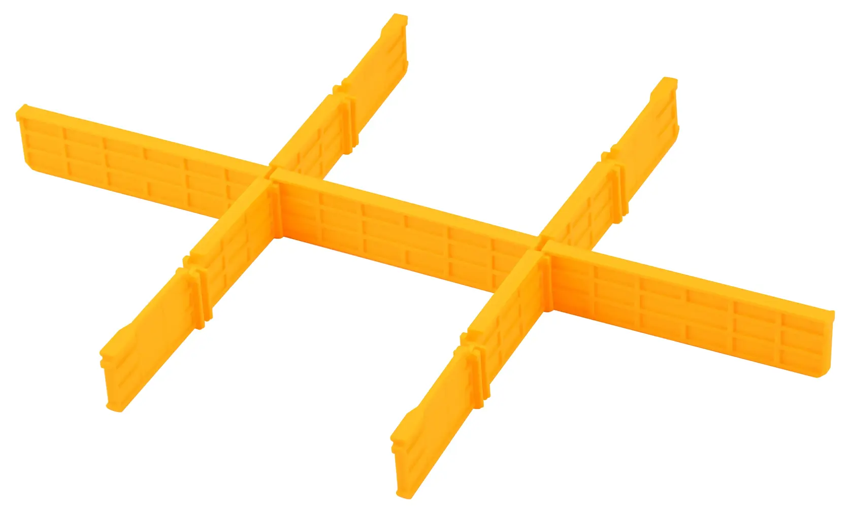 Yellow plastic divider with interlocking panels arranged in a cross pattern, designed for organizing storage boxes or tool cases.