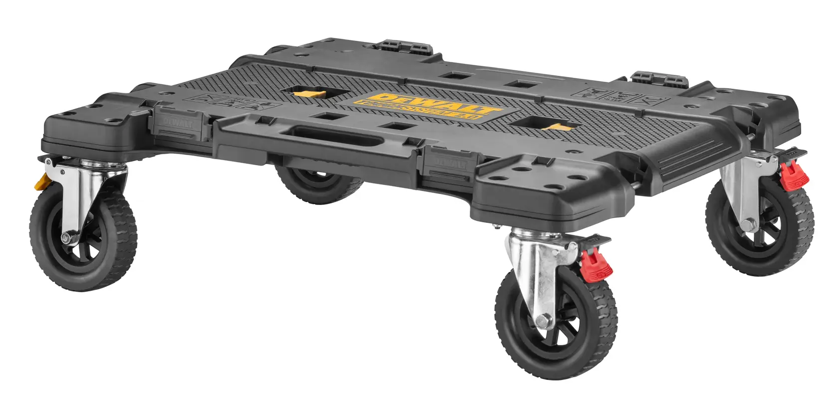 A black and yellow DEWALT rolling tool platform with four heavy-duty wheels, designed for transporting and supporting toolboxes or equipment.
