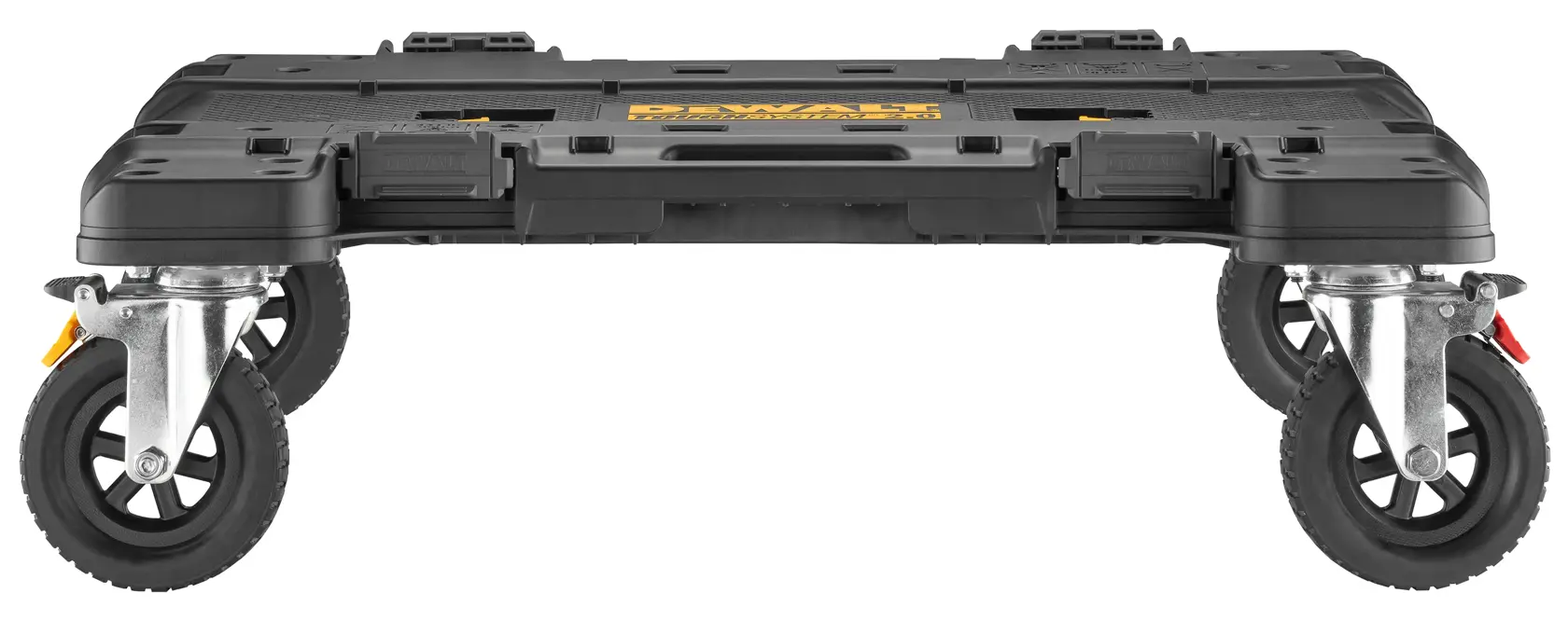 A black DEWALT rolling dolly platform with four wheels, designed for transporting heavy items such as toolboxes.