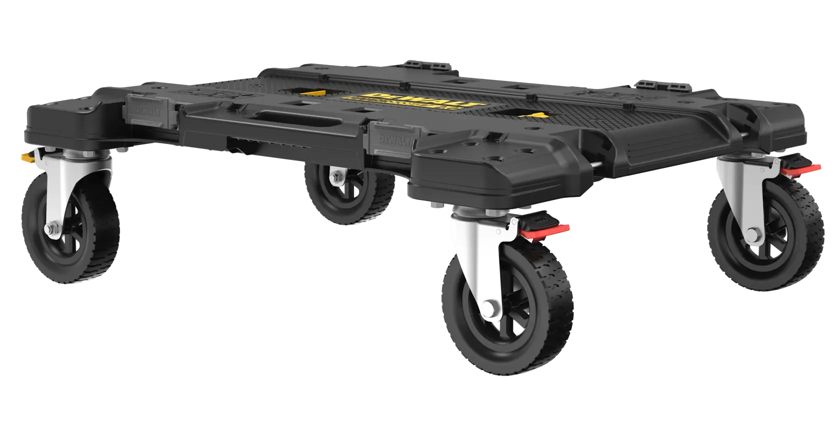 A black DEWALT rolling tool cart with four heavy-duty swivel caster wheels, designed for transporting tools and equipment. The platform is low to the ground and features a rugged plastic construction with metal reinforcements and yellow DEWALT branding.