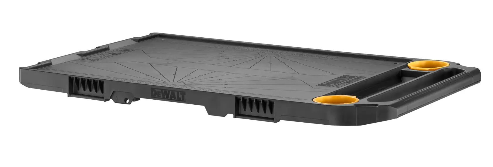 A black rectangular DEWALT branded flat tool tray with yellow circular inserts in the corners and a handle on one end, designed for use with compatible storage and workspace systems.
