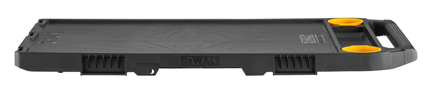A black rectangular DEWALT utility tray with a handle and two yellow circular sections at one end, photographed against a white background.