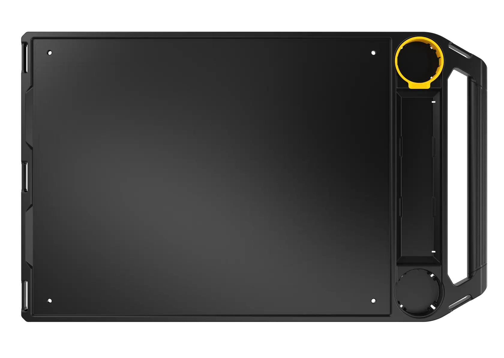 A top view of a DEWALT DWST08550 photography product, featuring a rectangular black surface with integrated handle and two circular accent areas, one yellow, on the right side.