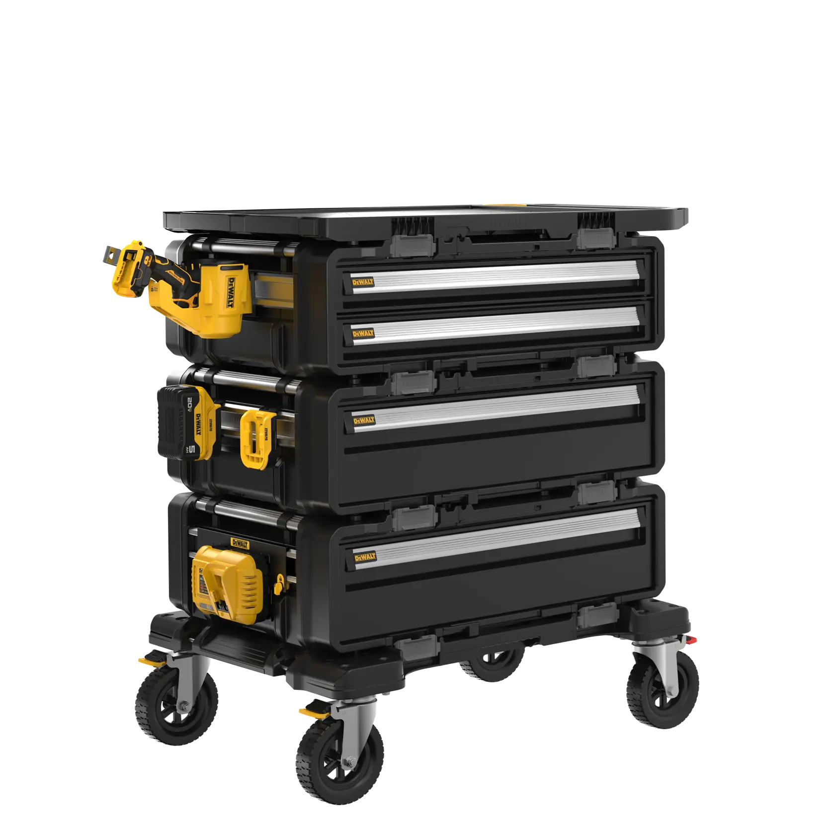 A black and yellow DEWALT mobile tool storage cart with three stacked drawers, metal handles, heavy-duty wheels, and yellow tool mounts on the side.