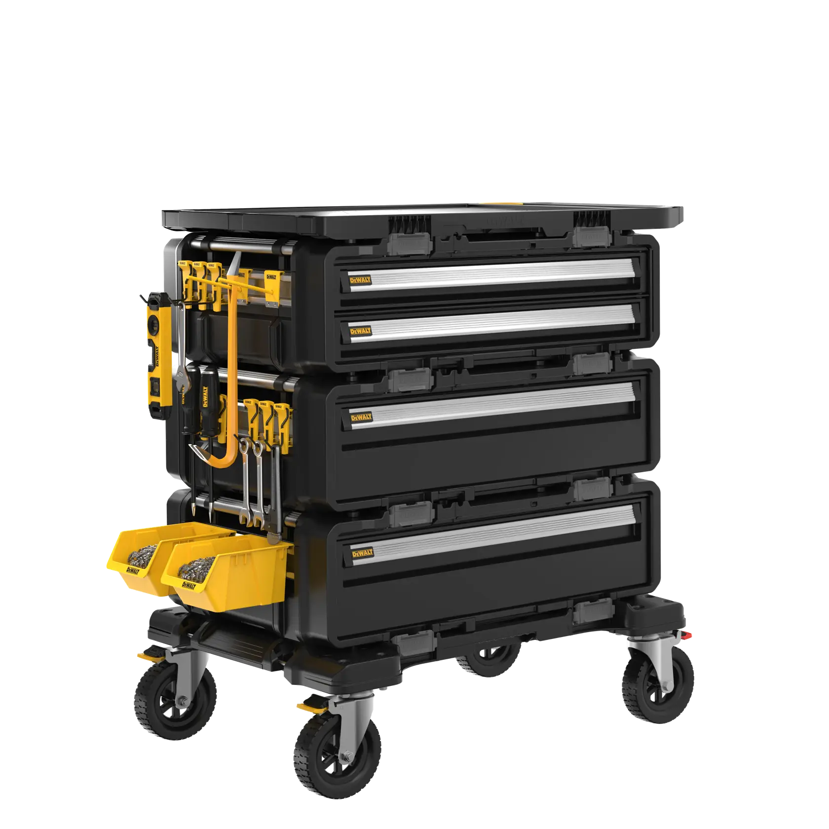 A DEWALT mobile tool cart with three stackable black and yellow storage drawers, mounted on four wheels. The cart has various hand tools, hooks, and yellow bins attached to the sides for efficient tool organization.