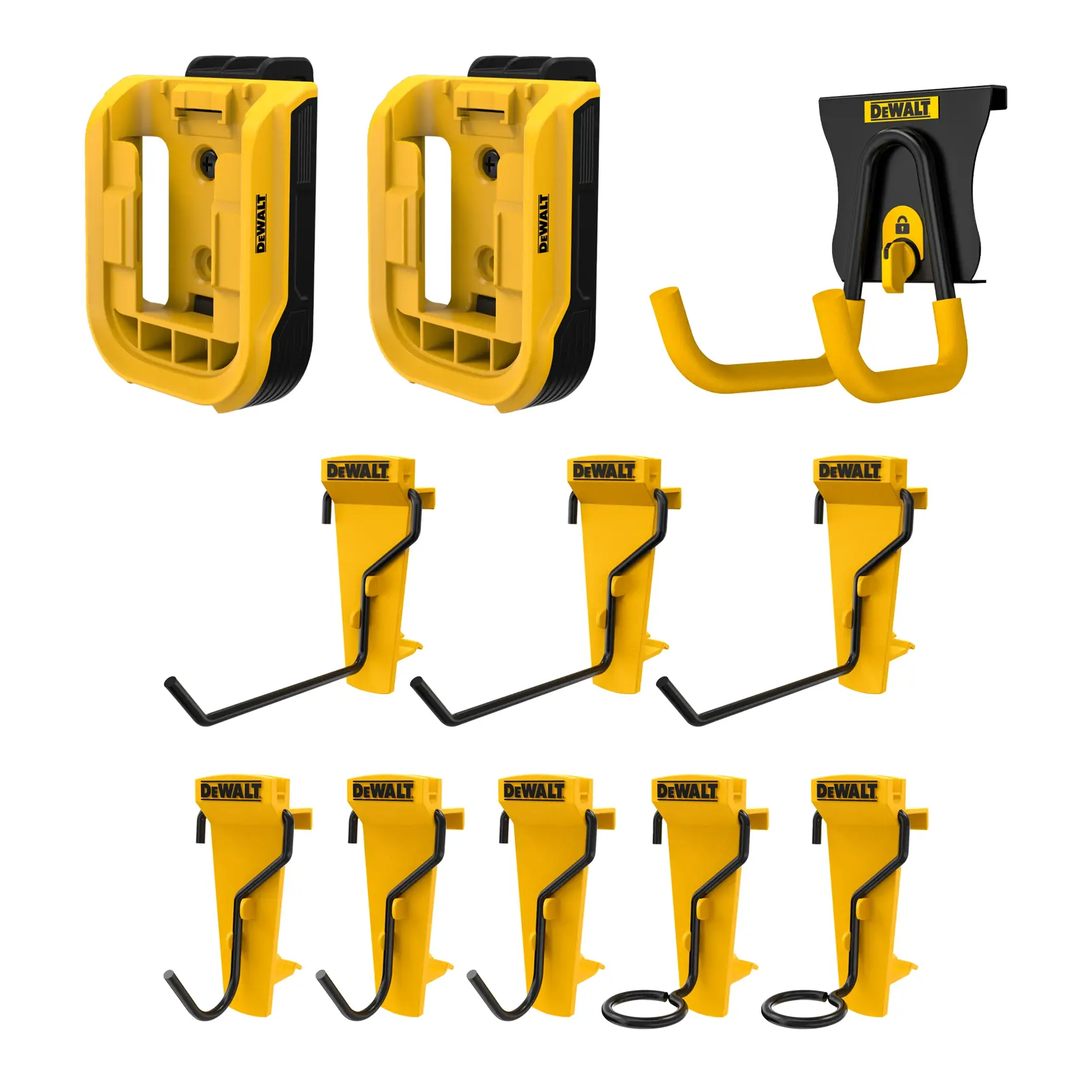 A set of DEWALT branded yellow and black wall-mounted hooks and holders for organizing tools and accessories. The kit includes two rectangular holders, one double hook, and seven individual tool hooks, all designed for garage or workshop storage.