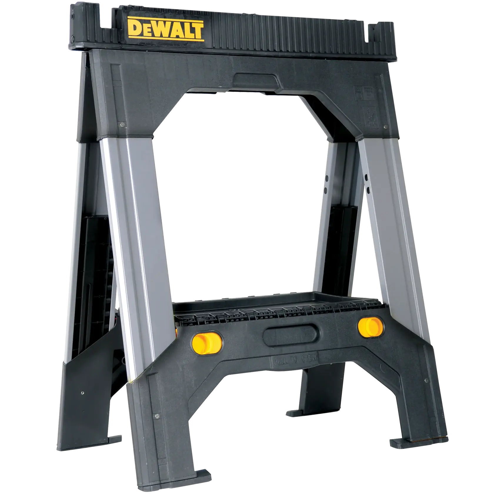 A DEWALT folding plastic and metal sawhorse with yellow accents, used for supporting workpieces during construction or woodworking tasks.